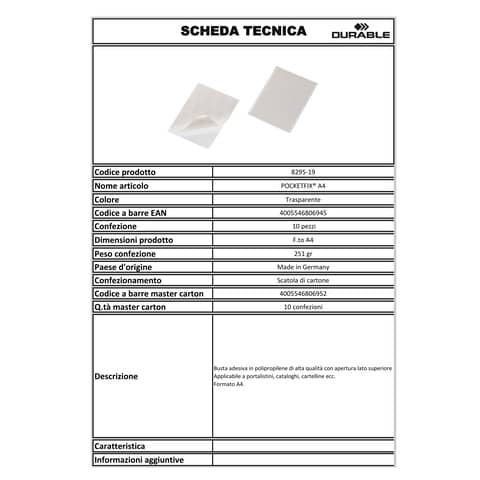 Buste adesive DURABLE POCKETFIX® A4 polipropilene trasparente conf. 10 pezzi - 829519